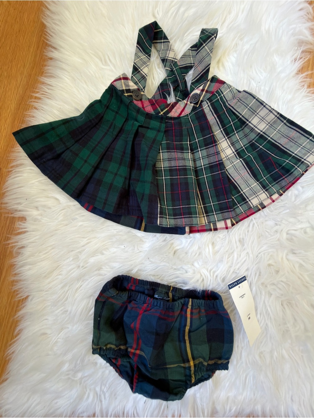 Plaid Suspender Skirt & Bloomers Set - Green Multi
